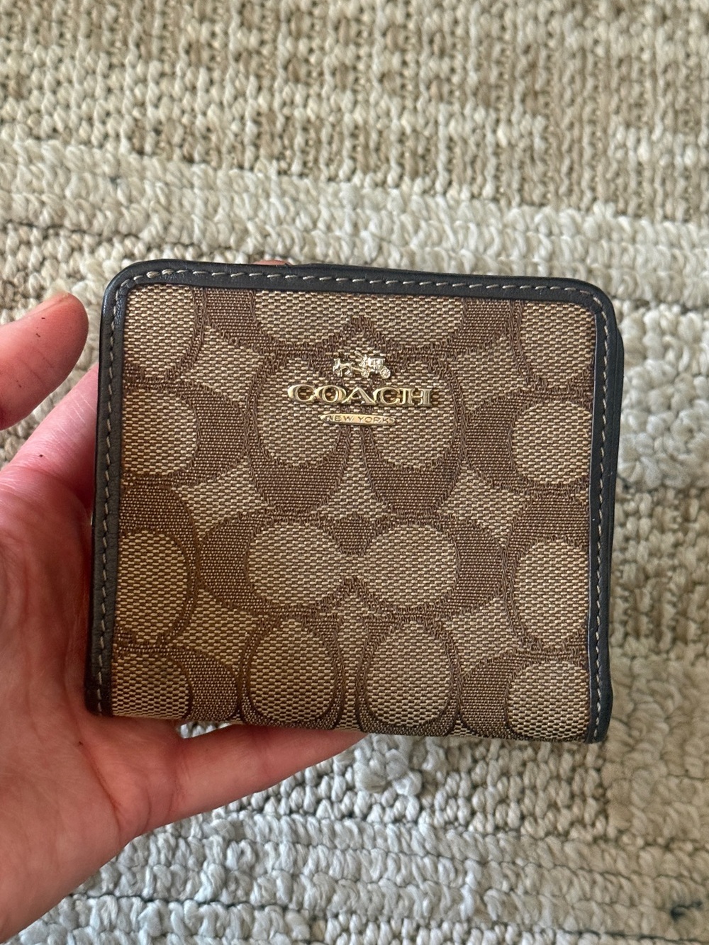Coach Signature Canvas Card Wallet in Brown with Dark Trim Snap Wallet